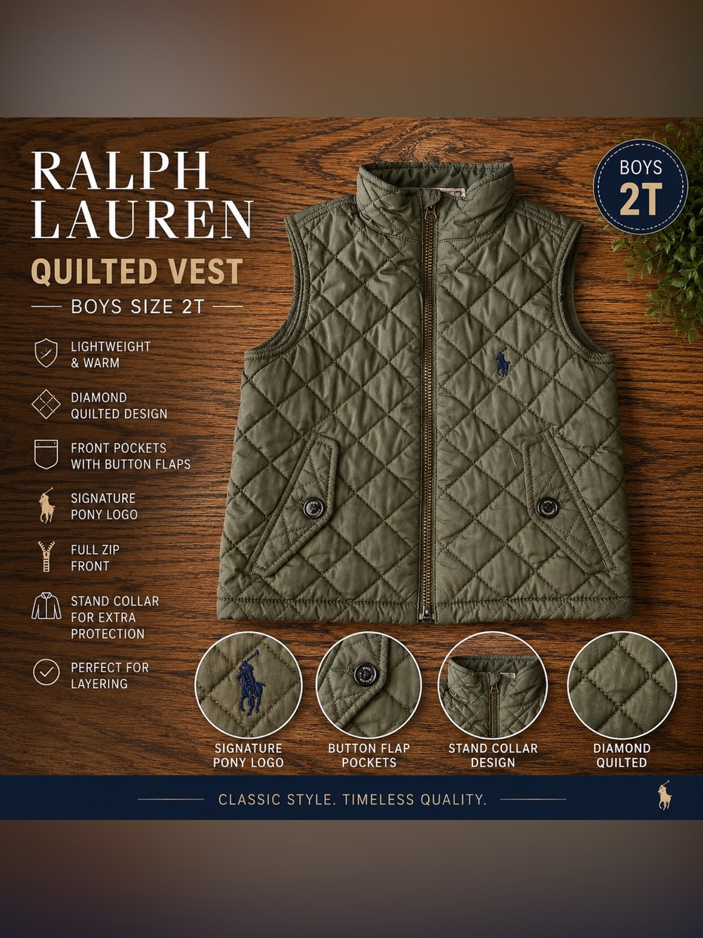 Ralph Lauren Olive Green Quilted Kids Vest